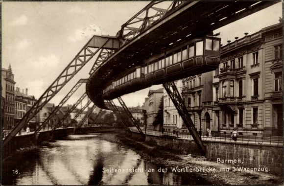Postcard Barmen Wuppertal, suspension railway at the Werther Bridge with 3 carriage train