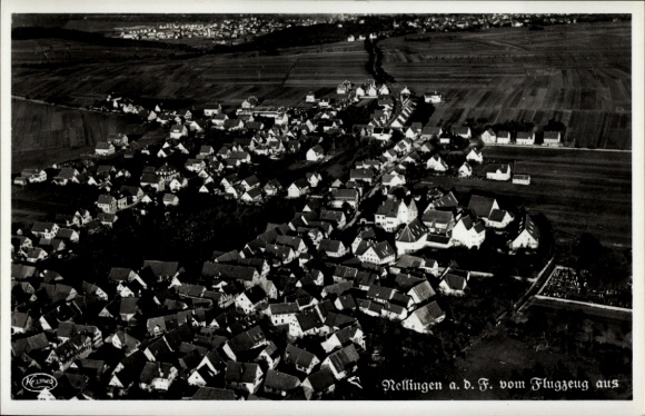 Postcard Nellingen on the Fildern Ostfildern, aerial view of Nellingen, many houses, rural surroundings