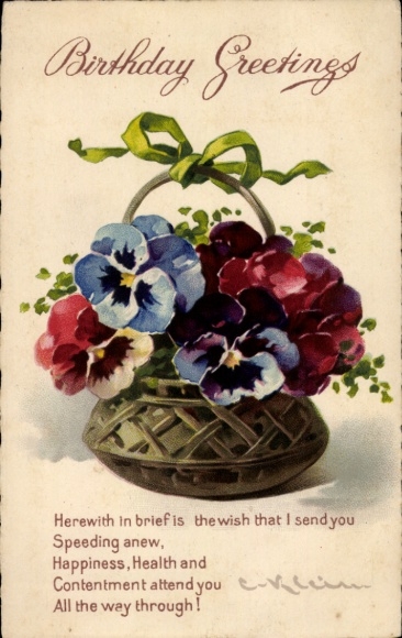 Artist Postcard Klein, C., Happy Birthday, Pansies, Basket