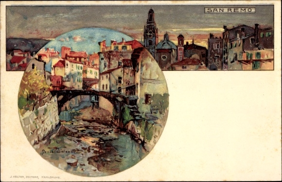 Artysta lito Wielandt, Manuel, San Remo Liguria, wieczorna panorama, odcinek rzeki