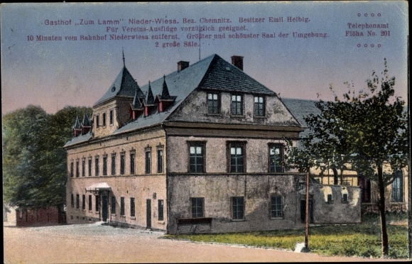 Postcard Niederwiesa Erzgebirge, Gasthof zum Lamm, owner Emil Helbig