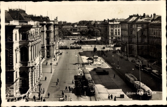 KP Wien 3. Landstraße Austria, Schwarzenberg Platz, tramwaje, przechodnie, pomnik, zamek