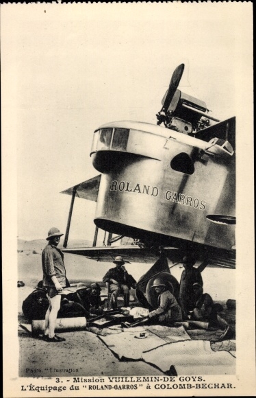 Postcard Colomb Bechar Algeria, Mission Vuillemin et De Goys, Equipage du Roland Garros, Forscher