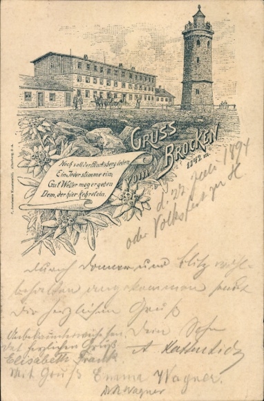 Vorläufer Litho Brocken Nationalpark Harz, Brockenhaus, Brockenturm