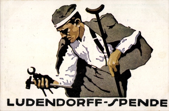 Postcard Ludendorff donation for war disabled, veteran with tools