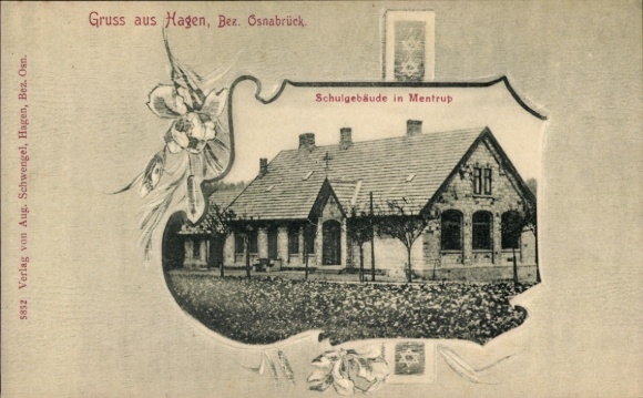 Passepartout Ak Mentrup Hagen (Bezirk Osnabrück) im Teutoburger Wald, Schulgebäude