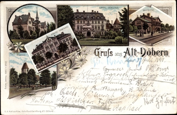 Chromo-Litho Altdöbern in Lower Lusatia, hospital, Counts. Castle, train station, seminary, church