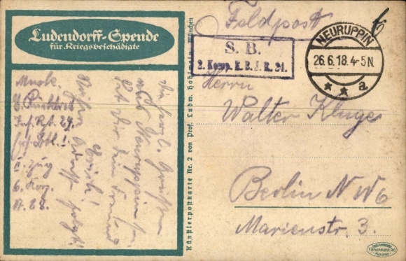 Postcard Ludendorff donation for war victims, veteran with tools