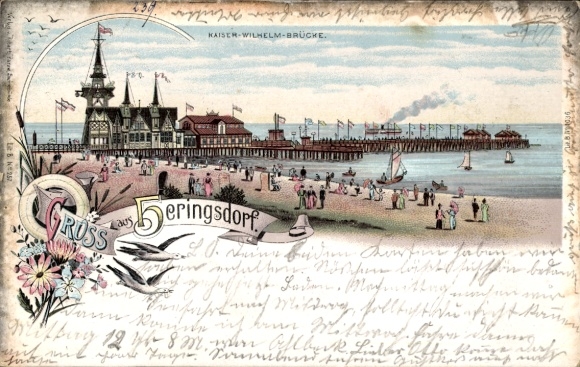 Chromo-Litho Baltic Sea resort Heringsdorf on Usedom, Kaiser Wilhelm Bridge