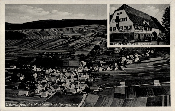 Ak Gächingen Sankt Johann auf der Schwäbischen Alb, Fliegeraufnahme, Gasthaus zum Rössle