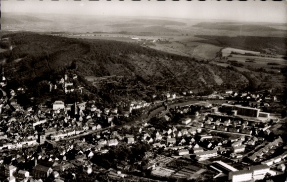 Postcard Wertheim am Main, aerial view of Wertheim, river, hill, residential buildings, landscape