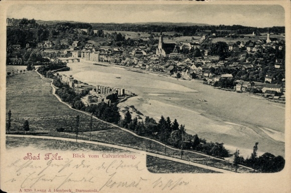 Postcard Bad Tölz in Upper Bavaria, view from Calvarienberg, Isar, embankment, many houses, church tower