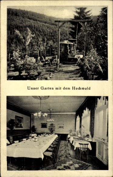 Postcard Finsterbergen Friedrichroda in the Thuringian Forest, garden with high forest, interior view of the guest room, Li