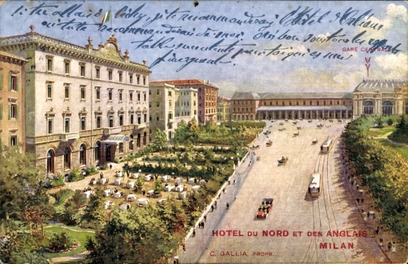 Kunstenaarskaart Milano Milaan Lombardia, Hotel du Nord des Anglais, buitenaanzicht, treinstation
