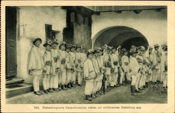 Postcard Transylvanian peasant boys set out for military recruitment