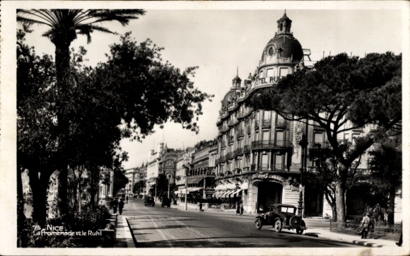 Postcard Nice Alpes Maritimes, street with trees, Hotel Ruhl, cars, people