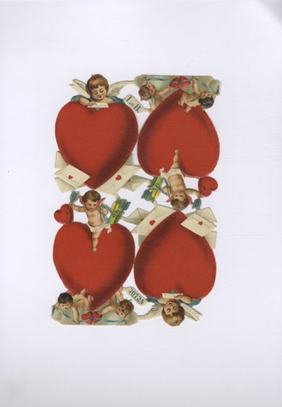 Oblate block of 4 large red hearts with small putti and letters, approx. 18 x 12 cm