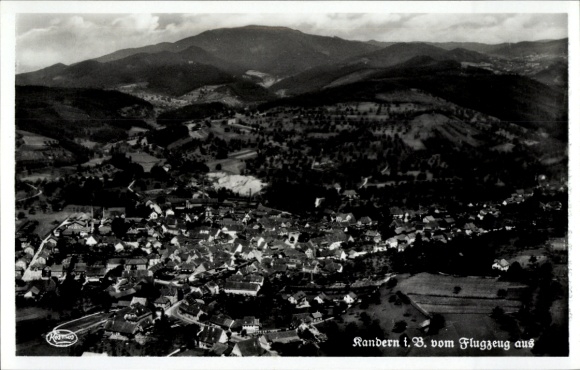 Postcard Kandern in the Black Forest Baden, aerial view of mountains in the background, black and white photography
