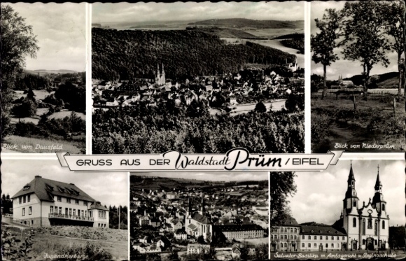 Postcard Prüm in the Eifel, view from Dausfeld, Salvator Basilica, district court, youth hostel