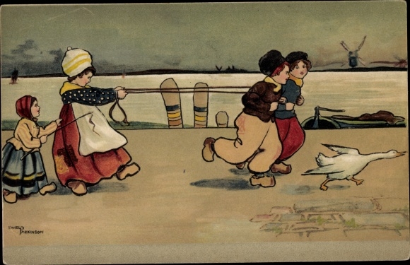 Artist PC Parkinson, E., children in Dutch costume, goose, windmill, string