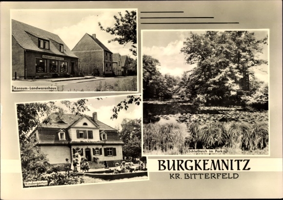 Postcard Burgkemnitz Dübener Heide Saxony Anhalt, consumer country department store, kindergarten, castle pond