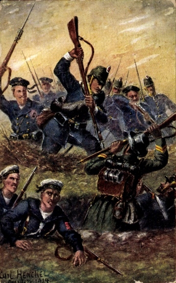 Kunstenaarsbriefkaart Henckel, Carl, Duitse marinetroepen, Engels en Belgisch, strijdtoneel, WO I