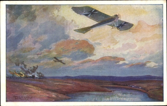 Artist Postcard Schulze, Hans Rudolf, Military pigeon on reconnaissance flight near the Masurian Lakes, World War I