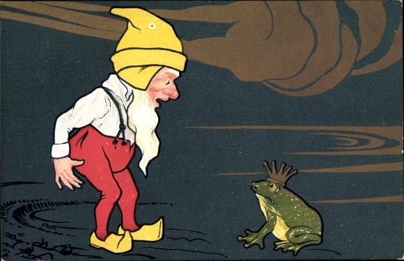Artystyczna pocztówka krasnolud i żabi książę