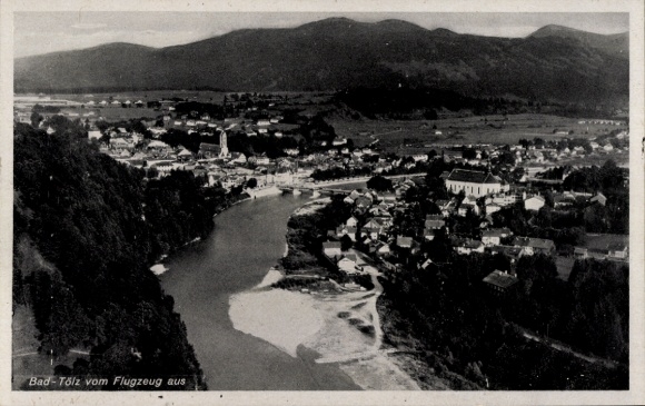 Postcard Bad Tölz in Upper Bavaria, aerial view of river, mountains, architecture