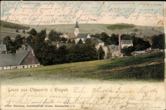 Ak Clausnitz Rechenberg Bienenmühle im Erzgebirge, Feldlandschaft, Kirche, einige Gebäude