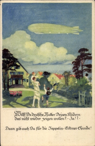 Artist Postcard Amtsberg, Otto, German mother shows children airship, Zeppelin Eckener donation