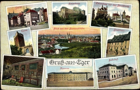 Postcard Eger Erlau Hungary, barracks, train station, town house, imperial castle, tower, Stöckl