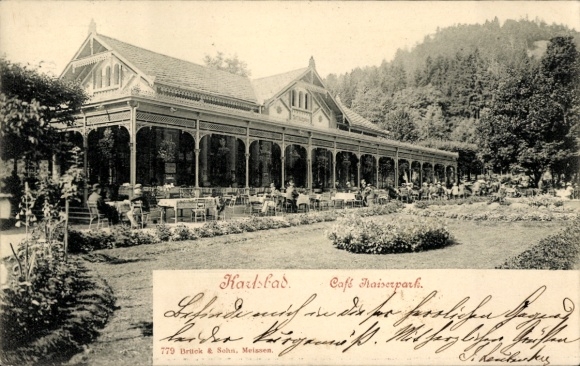 Postcard Karlsbad in Baden, Café Fraiserpark, beautiful building, terrace, people, garden