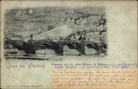 Postcard Würzburg am Main Lower Franconia, greetings from the fortress, old bridge, snow