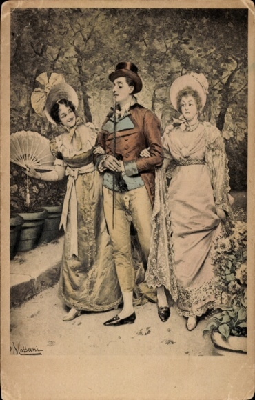 Artist Postcard Man walking with two women in his arms, fan