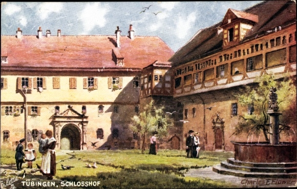 Artist PC Flower, Charles E., Tübingen am Neckar, courtyard, fountain, Tuck