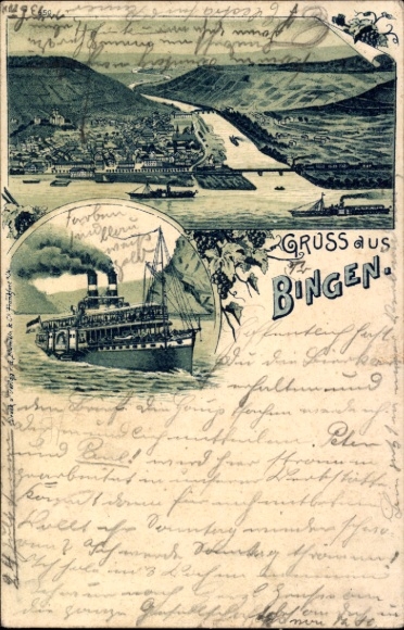 Chromo-Litho Bingen am Rhein, total view of the town and surroundings, salon steamer