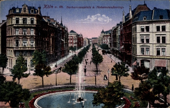 Ak Ehrenfeld Köln am Rhein,  Barbarossaplatz, Hohenstaufenring, Brunnen, Bäume, Straßenansicht