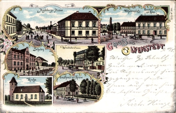 Chromo-Litho Olvenstedt Magdeburg, Magdeburger Straße, Church, Schools, Gasthaus zur Krone