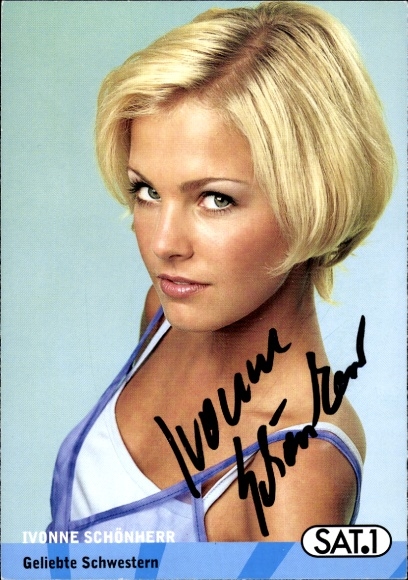 Postcard actress Ivonne Schönherr, portrait, autograph, SAT1, series Beloved Sisters