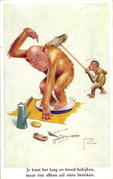 Artist Postcard Wood, Lawson, Chimpanzee scrubs back of orangutan