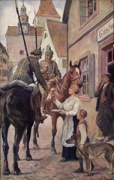Artist PC Roloff, A., A trunk in the hanger, German cavalrymen with lances, beer, shepherd dog
