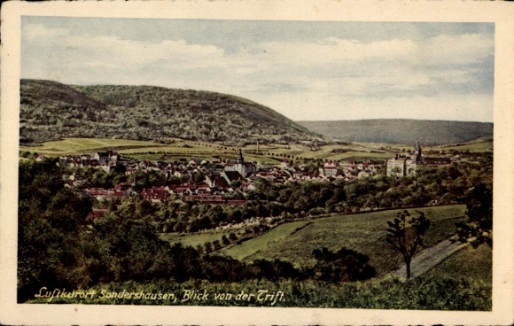 Postcard Sondershausen in the Kyffhäuserkreis Thuringia, climatic health resort view from the Trift, rural idyll