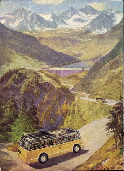 Kunstenaar Ak Görlich, Met de postbus over de Silvretta Hochalpenstraße, Oostenrijkse Post