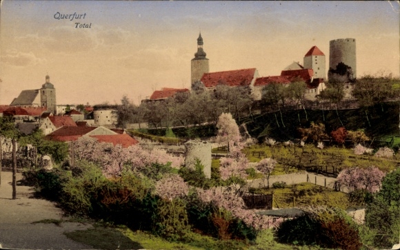Ak Querfurt im Saalekreis, Blick auf die Stadt, Burg,  Gebäude, blühende Bäume