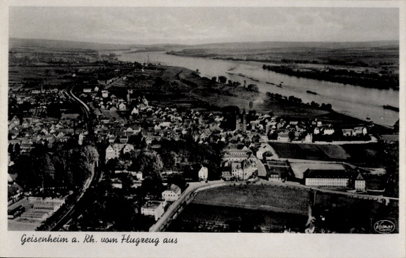 Postcard Geisenheim am Rhein Hessen, aerial view of Rhine landscape, airplane perspective