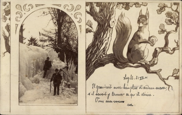 Art Nouveau Postcard two men in the snow, squirrel