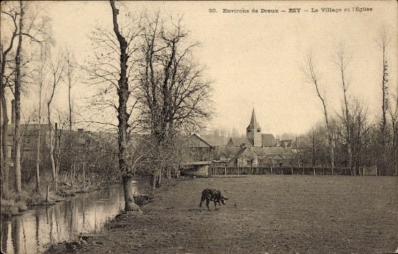 Postcard Ezy Eure, Le Village, L'Eglise, Goat