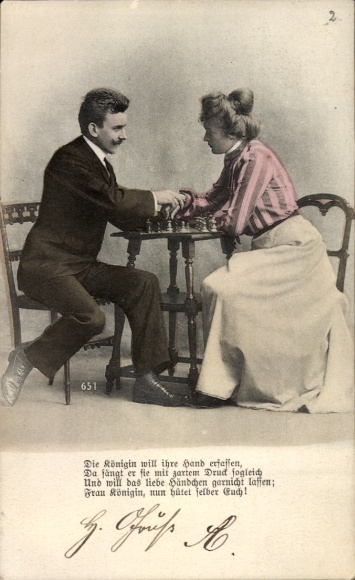 Postcard Man and woman playing chess, chess