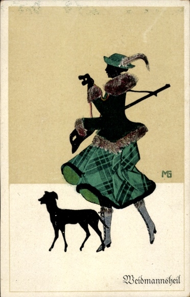 Paper cutting Postcard Graf, Marte, Weidmannsheil, woman with rifle and binoculars, dog